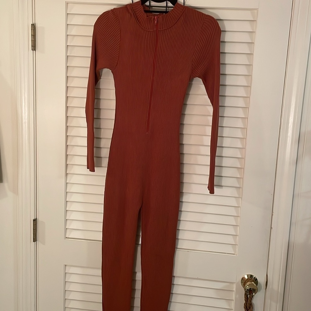 Knit RUST Fitted Zipper Ribbed Sweater Zip Front Onesie Jumpsuit - Picture 6 of 8